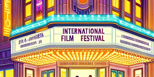 A lively festival scene at the Montreal International Film Festival, featuring diverse attendees, a red carpet, and iconic architecture.