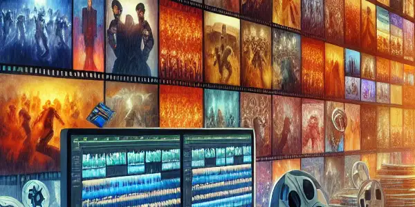 A film editor's workspace filled with vibrant clips, monitors, and a thoughtful filmmaker contemplating montage techniques.