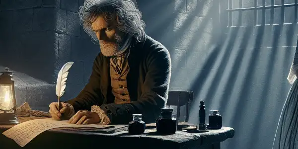 A dimly lit asylum room with the Marquis de Sade writing passionately, observed by a determined laundress.<a href=