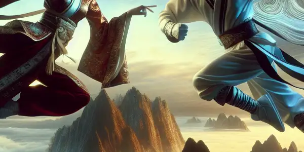 A dynamic aerial fight between two martial artists in a mystical landscape with traditional Chinese architecture and floating lanterns.