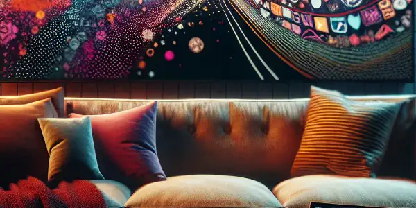 A cozy living room with a plush sofa, snacks, and a high-definition screen displaying colorful abstract patterns.<a href=