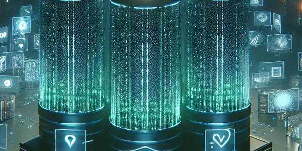 A futuristic storage facility filled with glowing data nodes, showcasing secure personal information behind vibrant encryption shields.