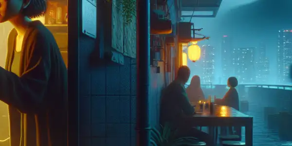 A curious woman peers through a door in a tense urban setting, hinting at danger and mystery.