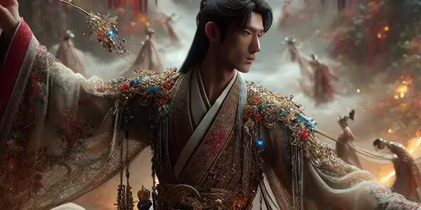 A Ming Dynasty scholar on a mystical journey surrounded by exotic landscapes and sensual characters.