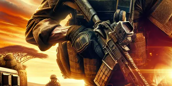 Heroic figure in tactical gear stands in an African savannah at sunset, embodying adventure and patriotism amidst a battlefield backdrop.