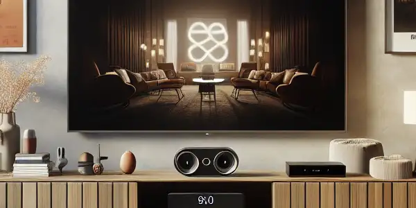 A cozy modern living room featuring a large TV and various movie players for an ideal home theater experience.