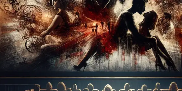 A sophisticated movie theater scene with engaged viewers, plush seating, and an abstract display of passionate film moments.