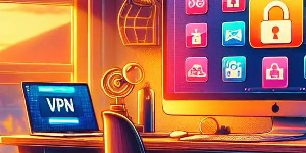 A modern home office illustrating safe adult content downloading with a computer, VPN icon, and security symbols.