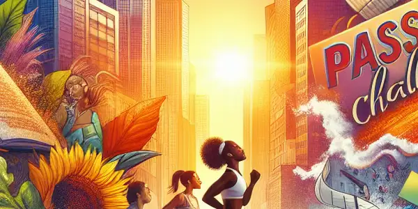 A diverse group of people engaging in passion challenges in a vibrant, energetic setting filled with nature and community.