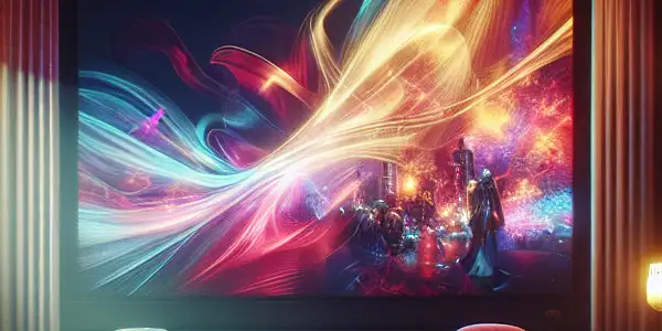 Luxurious private lounge with plush furniture, ambient lighting, and an abstract display of adult content.