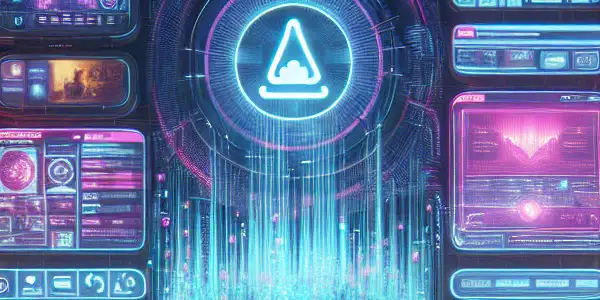 A futuristic library filled with glowing screens showcasing videos and stories, emphasizing privacy and exploration.