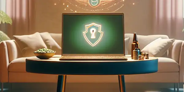 A serene private space featuring FDA-approved supplements, lush greenery, and a discreet laptop, symbolizing safe adult enhancement.