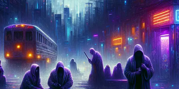 A dark urban scene with diverse characters illustrating addiction, neon lights, and elements of despair and chaos.