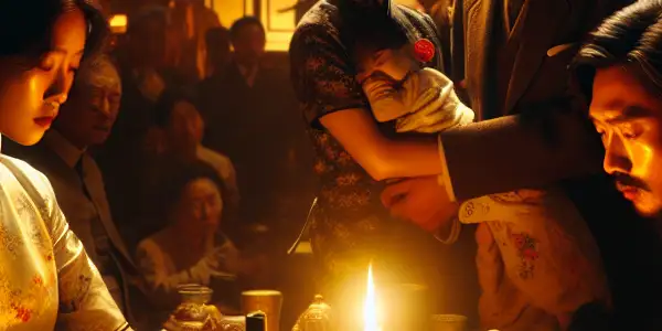 A tense family gathering showcasing intense emotions, cultural elements, and unspoken desires in a warm, dimly lit atmosphere.<a href=