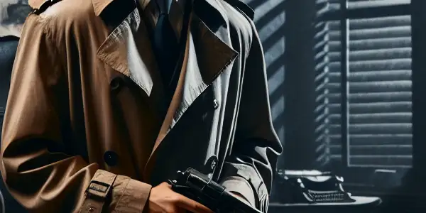 A tense 1940s espionage scene featuring a rugged man with a gun, listening intently in a dimly lit office.