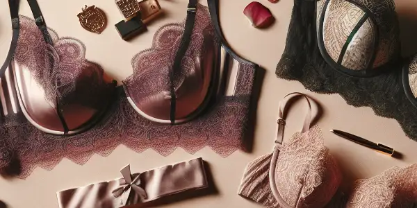 A luxurious flat lay of elegant lingerie, accessories, and rose petals on soft, muted fabric.