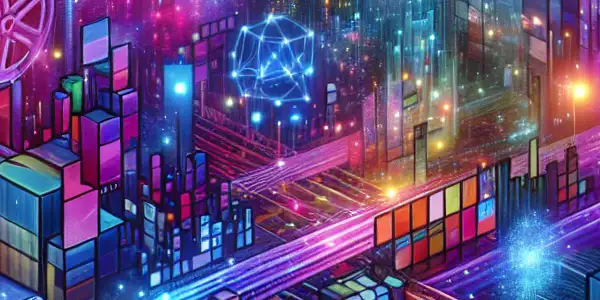 A vibrant digital landscape symbolizing adult entertainment with film reels, glowing screens, and neon colors.