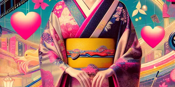 Yuki Hatano in a stylish kimono, surrounded by cinematic elements in a vibrant urban setting.