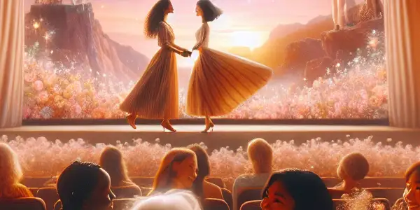 A diverse group of women joyfully bonding in a cozy theater while watching a romantic movie.