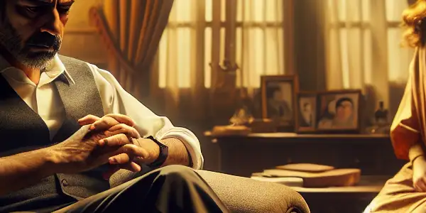 A middle-aged man and young woman share a tense moment in an elegant living room, reflecting complex family dynamics.