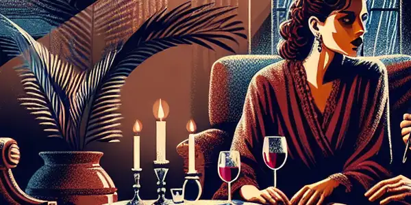 A tense couple argues in a dimly lit living room, surrounded by shadows and emotional turmoil.