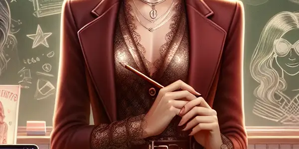 A charismatic teacher in a stylish classroom, blending education and allure with playful doodles and modern technology.