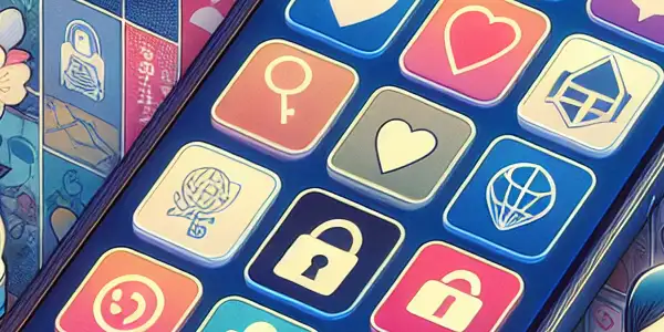 A modern mobile device displaying safe adult entertainment apps, surrounded by symbols of privacy and Japanese cultural elements.