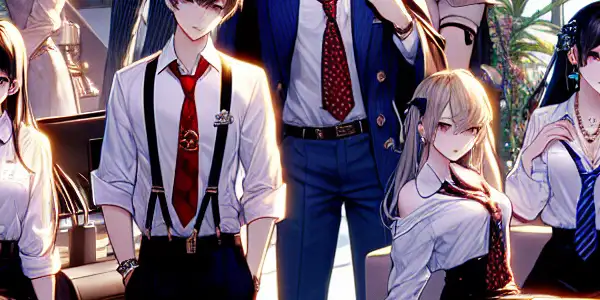 A vibrant office scene featuring characters in alluring uniforms, exuding intrigue and confidence amidst a stylish urban backdrop.