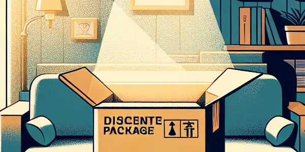A cozy home scene depicting a person opening a plain package, emphasizing privacy and subtle Japanese cultural elements.