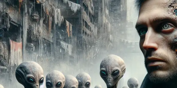 A dystopian urban landscape with alien refugees, featuring a transforming protagonist amidst themes of isolation and discrimination.