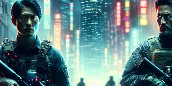 Two characters in tactical attire face an unseen threat in a neon-lit, rain-soaked urban setting at night.
