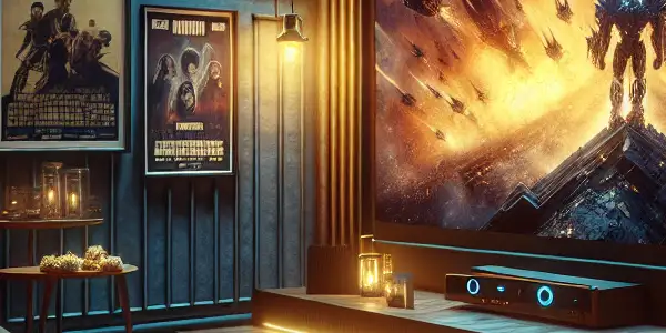 A cozy home theater with a large screen displaying a sci-fi film, plush seating, and film posters.