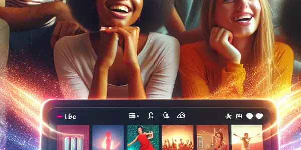 A group of young adults joyfully enjoying a modern online entertainment platform in a cozy living room.