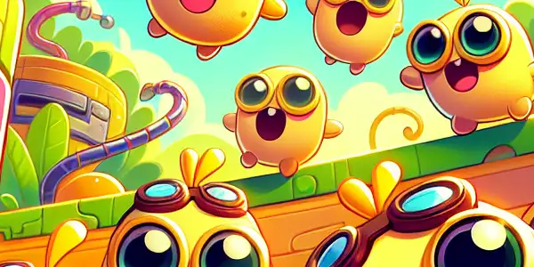 A lively scene of playful yellow Minions in a colorful, whimsical landscape filled with oversized bananas and gadgets.