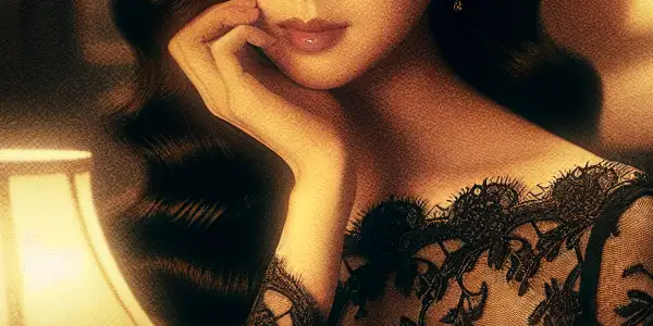 Miou Kimishima in a dimly lit room, dressed elegantly, exuding tension and emotion from "Secret Temptation."