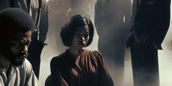 A dimly lit film set with a director and actors discussing a sensitive script, surrounded by vintage equipment and shadowy figures.