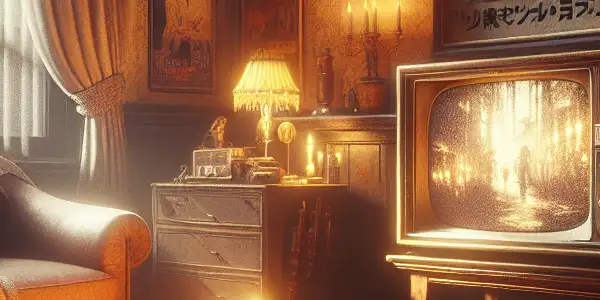A cozy vintage room with retro decor, a glowing television, and nostalgic elements evoking intimate memories.
