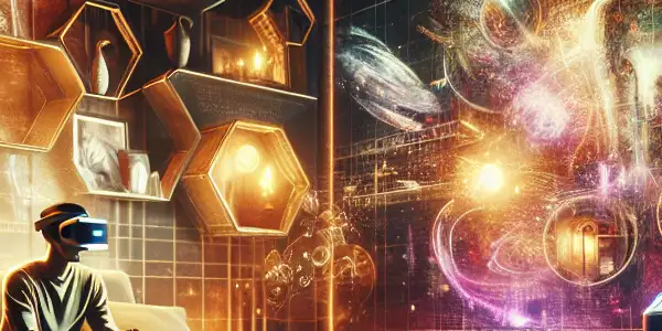 A modern living room featuring a VR headset, vibrant visuals, and intimate ambient lighting, suggesting adult entertainment.