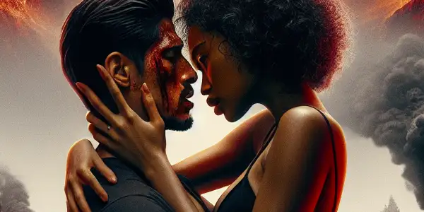 A passionate couple embraces in a chaotic apocalyptic landscape, surrounded by destruction and hints of survival.