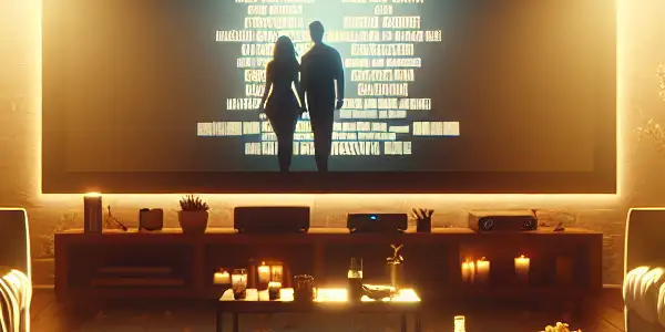 A cozy living room with a movie screen showing credits, hinting at intimacy and new adventures for a couple.