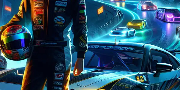 A thrilling nighttime street racing scene with neon lights, a confident racer, and an enthusiastic crowd.