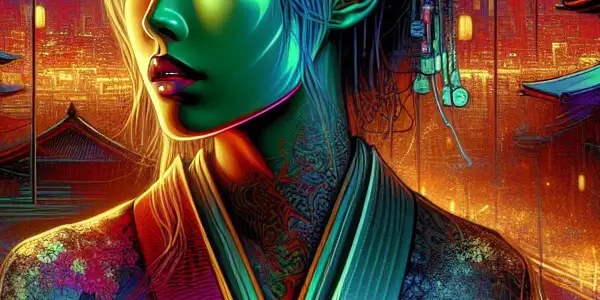 A seductive figure as the "Color Demon" against a shadowy urban landscape, blending traditional and modern elements.