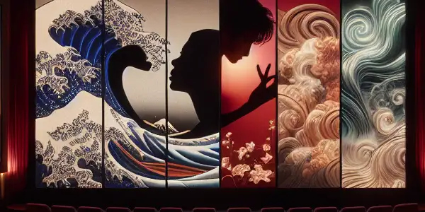 A luxurious private cinema setting with plush seating, ambient lighting, and abstract scenes evoking passion and allure.