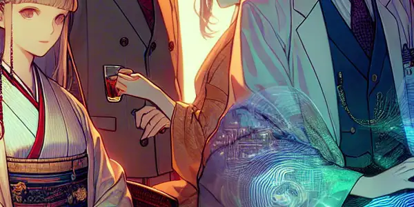 A captivating scene featuring characters in intricate uniforms, exuding charm in a softly lit, atmospheric setting.