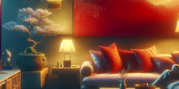 A cozy living room with a person enjoying adult films, featuring Japanese decor and a warm, inviting atmosphere.