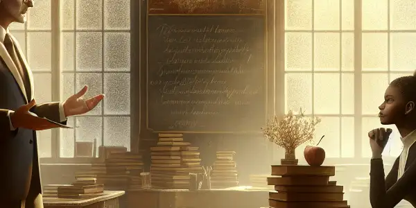 A cozy classroom scene depicting a teacher and student engaged in a deep, meaningful conversation, highlighting their emotional connection.