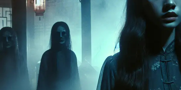 A young girl in a dark, eerie setting, surrounded by ghostly figures and shadows, exuding fear and determination.