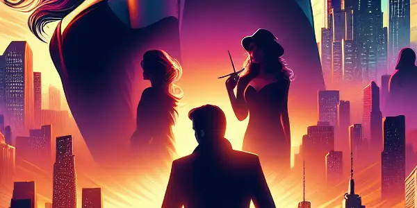 A passionate couple embraces in an urban sunset, surrounded by city lights and hints of mystery.