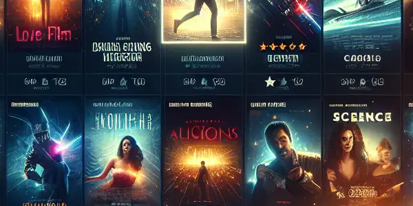 A vibrant movie streaming poster featuring high-definition thumbnails, a navigation bar, and cozy cinematic elements like popcorn.