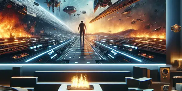 A cozy home theater showcasing a large screen with visuals from "The Wandering Earth 2" and "Red Scarf."